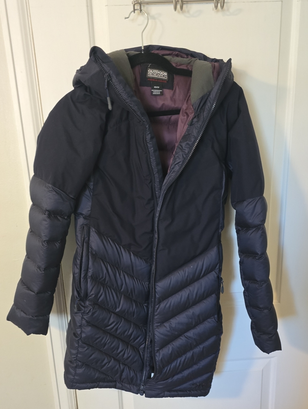 Outdoor Research Navy Hooded Long Puffer Coat